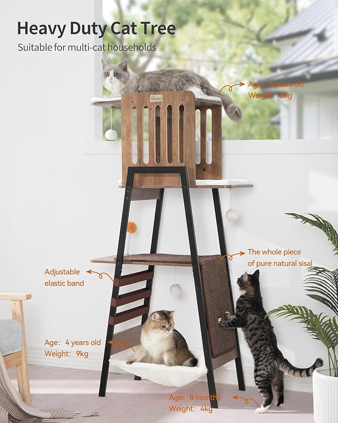 FourFurPets Modern Cat Tree, 58-Inch Cat Tower for Large Cats, Maine Coon Cat Tree with Scratching Board, Large Perch, Hammock and Removable Pads, Greige-PawvioPets