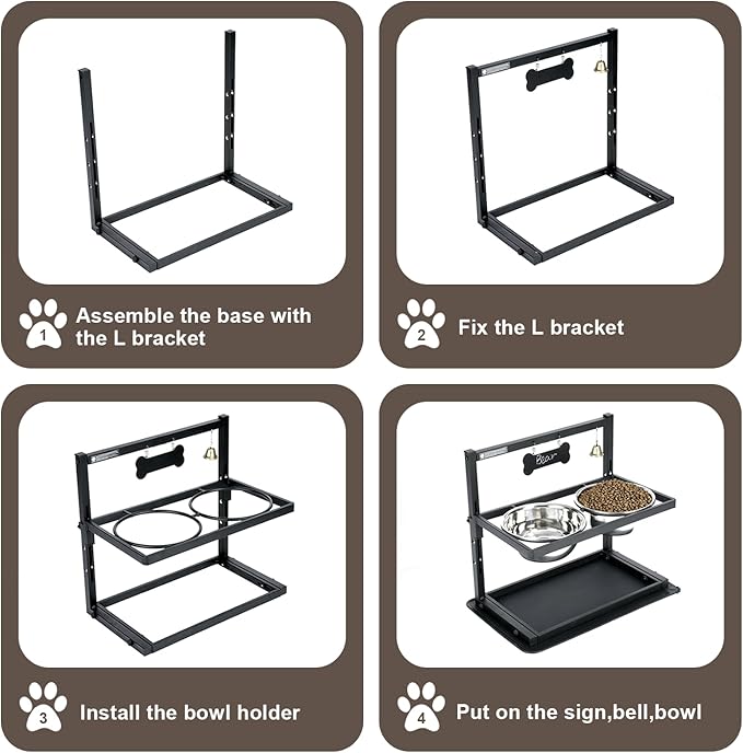 Elevated Slow Feeder Dog Bowls - Raised for Large Dogs, Adjustable Height, 2 Stainless Steel Bowls, Spill Proof Mat, Grey-PawvioPets