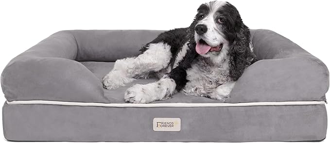 Friends Forever Large Dog Bed, Orthopedic Pet Sofa Memory Foam Mattress, Calming Dog Couch, Wall Rim Pillow, Water Resistant Liner, Washable Cover, Non-Slip Bottom, Chester, Large Grey-PawvioPets