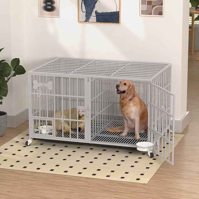aboxoo 48/42 inch Heavy Duty Metal Dog Crate for 2 Dogs/Large Dog,All Metal Open Top,Dog Kennel Indoor with Wheels,Floor Grid, Tray, Divider and Feeding Bowl (Sliver)-PawvioPets