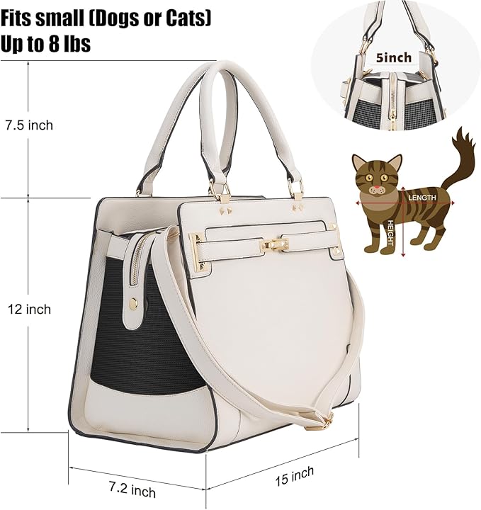 Fashion Pet Carrier Dog Cat Carrier Purse Soft-Sided Leather Handbag Pet Tote Bag for Small Dogs Puppy and Cats TSA Airline Approved (Beige)-PawvioPets