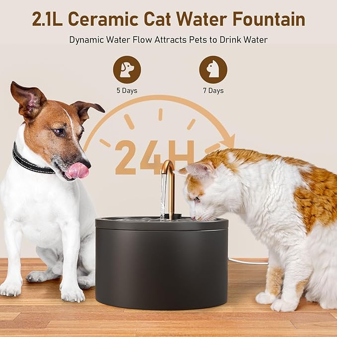 DOOOB Ceramic Cat Water Fountain, 2.1L/71oz Ceramic Cat Fountain, Automatic Ceramic Water Fountain for Cats, Pet Water Fountain with Ultra-Quiet Pump and 3 Filters & 3 Sponges (Black)-PawvioPets