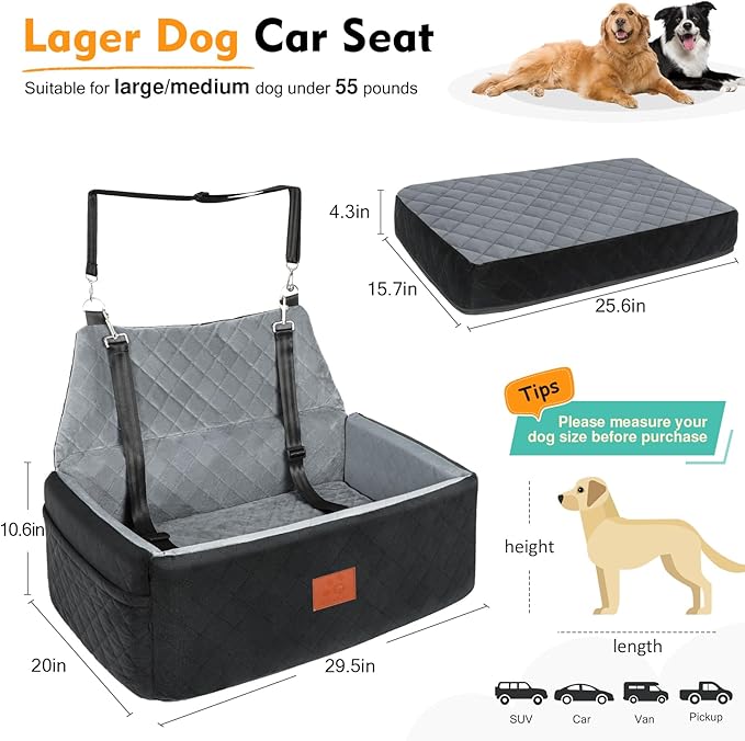 Dog Car Seat for Large Medium Dogs,Washable Pet Carseat Under 55 lbs or 2 Small Dogs,Dog Booster Seat Travel Bed with Thick Cushion,2 Safety Leashes-PawvioPets