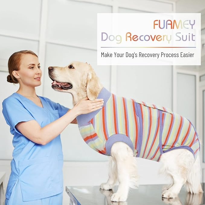FUAMEY Recovery Suit for Dogs After Surgery,Soft Breathable Dog Bodysuit E-Collar & Cone Alternative Surgical Suit,Male Female Dog Neuter Spay Suits Anti Licking Wounds Onesie Purple Stripes XS-PawvioPets