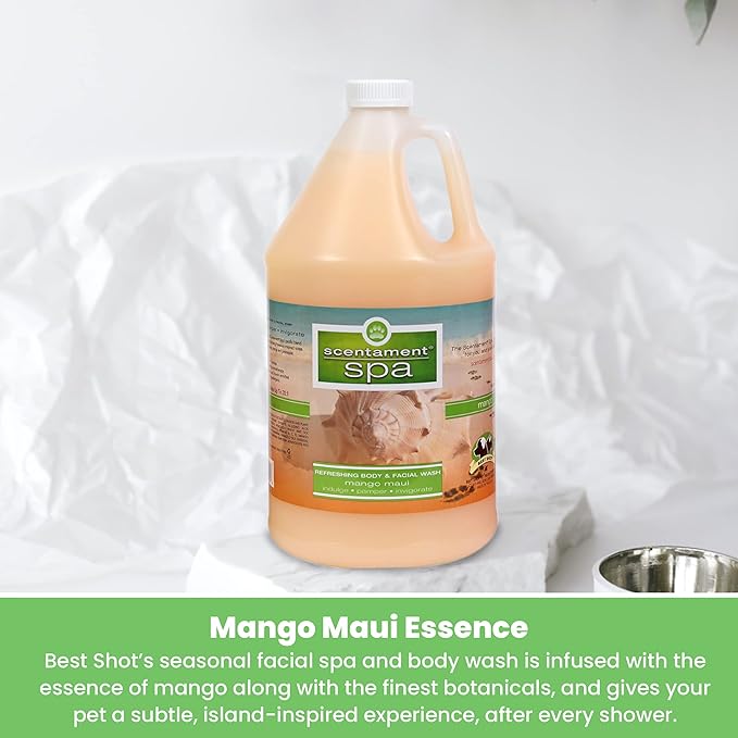Best Shot Scentament Spa for Pets, Seasonal Facial Spa and Body Wash, Mango Maui, Tearless Shampoo, Hypoallergenic Body Wash, Reduces Tear Stains, 1 Gallon-PawvioPets