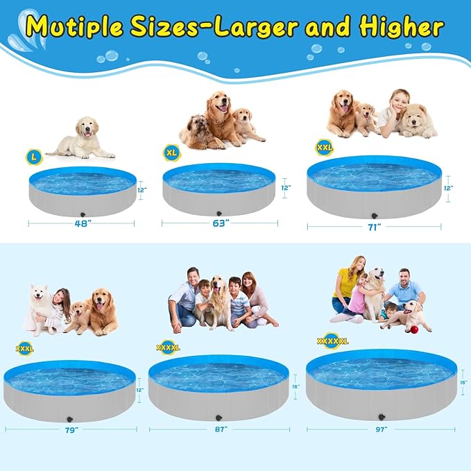 Foldable Dog Pool, 63" Kiddie Pool Hard Plastic, Portable Dog Swimming Pool for Large Dogs, Collapsible Pet Wading Pool & Bath Tub Outdoor Kids Pool Anti-Slip-PawvioPets
