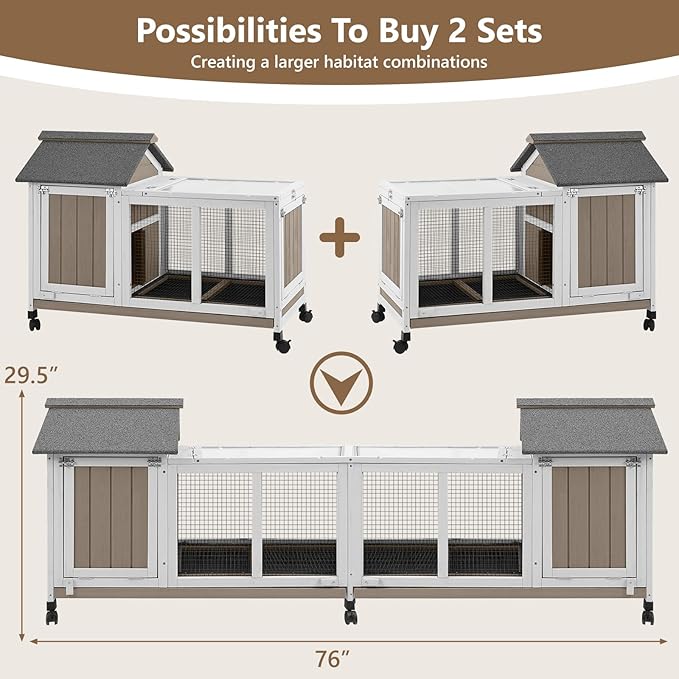 38''L Rabbit Hutch Outdoor Indoor with Wheels, Wooden Expandable 2 Story Bunny House Rabbit Cage with Run, Waterproof Roof, Pull Out Tray, Guinea Pig Cage Chicken Coop for Small to Medium Pets-PawvioPets
