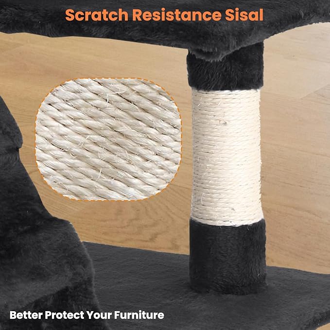 54.7 inches Cat Tower for Indoor Cats, Multi-Level Cat Condos with Scratching Posts, Hanging Toys, Dark Gray-PawvioPets