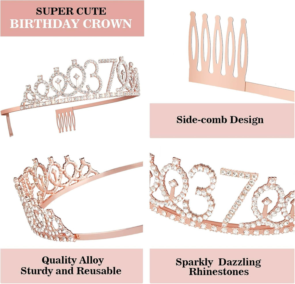 37th Birthday Decorations for Women Including Birthday Sash, Tiara/Crown, Numeral Candles and Cake Topper, 37 Year Old Gifts for Women, Rose Gold Party Decor Supplies