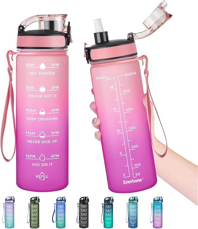 Enerbone Water Bottle, Leakproof BPA & Toxic Free, Motivational Water Bottle with Times to Drink and Straw, Fitness Sports Water Bottle with Strap for Office, Gym, Outdoor Sports-PawvioPets