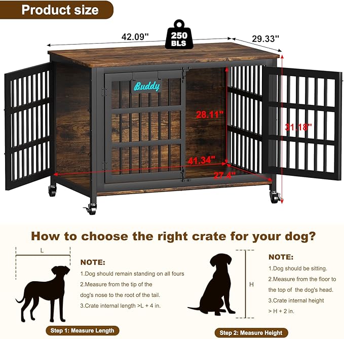 EasyCom 42"/41"/33" Dog Crate Furniture with Name Tag, XL Heavy Duty Dog Kennel Indoor for Large and Medium Dogs, Double-Doors Sturdy Dog Cage for Anxiety Dog, Decorate House as TV Stand-PawvioPets