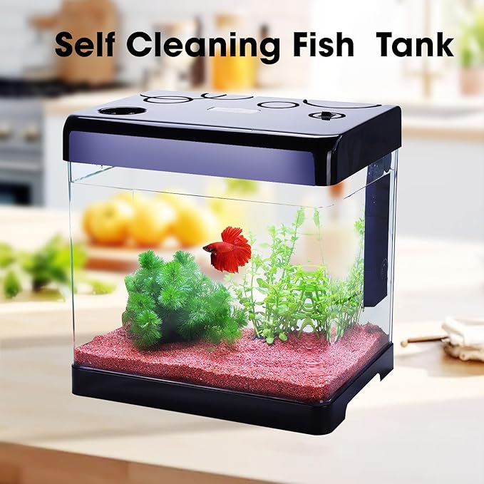 Betta Fish Tank Starter Kits, 5 Gallon Fish Tank with Heater Filter and Light, Self-Cleaning Small Fish Tank(Black).-PawvioPets