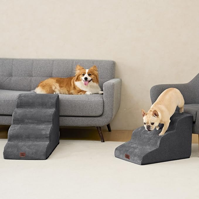 EHEYCIGA Curved Dog Stairs Ramp for Small Dogs 15.7" H, 3-Step Dog Steps for Couch Sofa and Chair, Pet Stairs for Cats, Non-Slip Balanced Pet Steps Indoor, Grey-PawvioPets