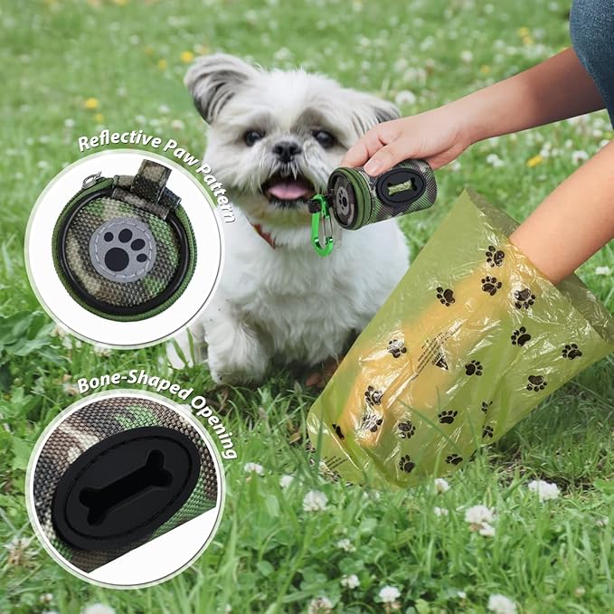 Dog Poop Bag Holder for Leash Doggie Waste Bag Dispenser Puppy Potty Carrier Small Doggy Zipper Pouch with Carabiner Clip 1680D Nylon Oxford with 1 Roll of Pet Trash Bags, Woodland Camo-PawvioPets