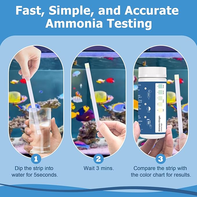 Ammonia Test Strips for Fish Tank: 100 Count Aquarium Ammonia Test Strips for Saltwater & Freshwater Aquariums & Ponds – Ammonia Test Kit with Test Tube Thermometer Stick-PawvioPets