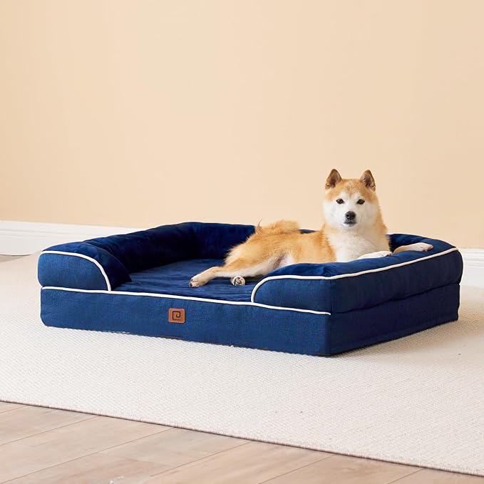EHEYCIGA Orthopedic Dog Beds for Extra Large Dogs, Waterproof Memory Foam XL Dog Bed with Sides, Non-Slip Bottom and Egg-Crate Foam Big Pet Couch Bed with Washable Removable Cover, Navy-PawvioPets