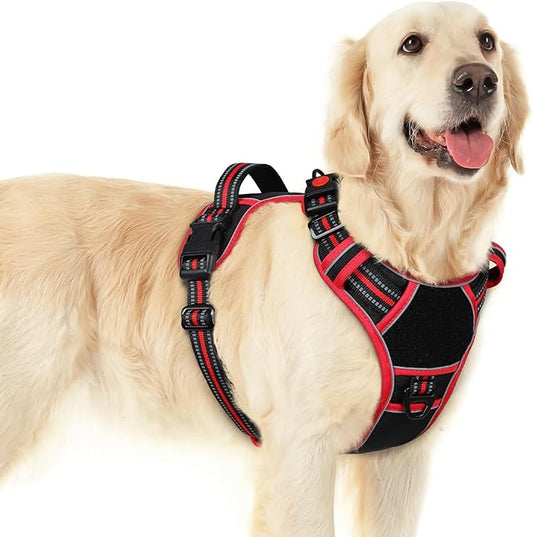 Eagloo Dog Harness for Large Dogs, Easy Wearing with 3 Buckles, Adjustable No Pull Pet Harness with 2 Rings for Walking, No Chock Reflective Soft Padded Vest with Control Handle, Black & Red, L-PawvioPets