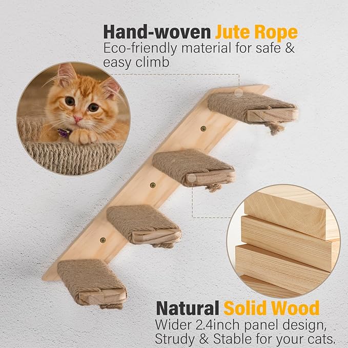 2 Pack 4 Steps Cat Wall Shelves Cat Stairs for Wall with Sisal Rope.Cat Wall Steps/Ladder Furniture ＆ cat Tree Supplies(Catstairs 2Pack-4Steps)-PawvioPets