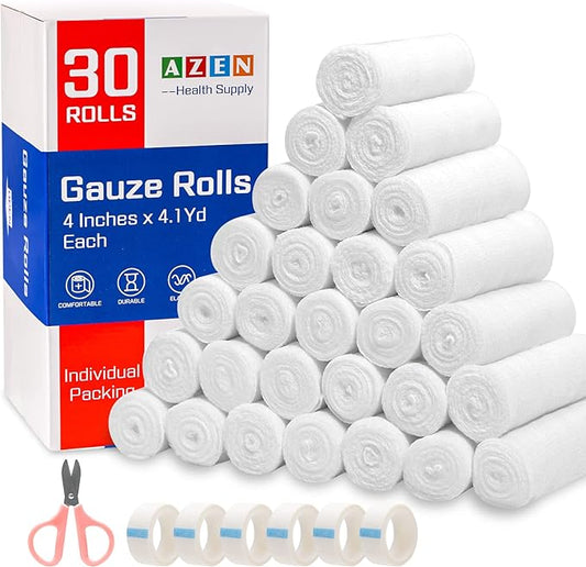 AZEN 30 Pack Gauze Rolls Bandages, 4 in x 4.1 Yards, Premium Medical Supplies & First Aid Supplies, Bandage Wrap Vet Wrap, Mummy Wraps-PawvioPets