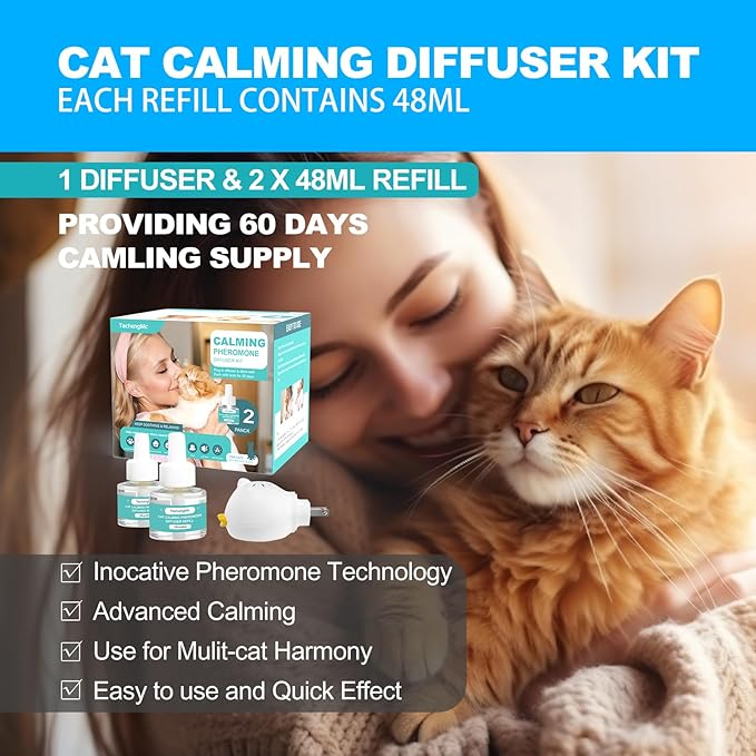 Cat Calming Diffuser, Cat Pheromones Calming Diffuser with 1 Diffuser + 2 Refills 48ml, Cat Anxiety Relief Cat Pheromone Diffuser Kit 60 Days, Pheromone Diffuser to Calm Cats-PawvioPets