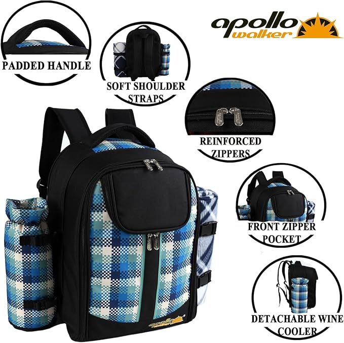 apollo walker Picnic Backpack Bag for 2 Person with Cooler Compartment, Detachable Bottle/Wine Holder, Fleece Blanket, Plates and Cutlery Set-PawvioPets