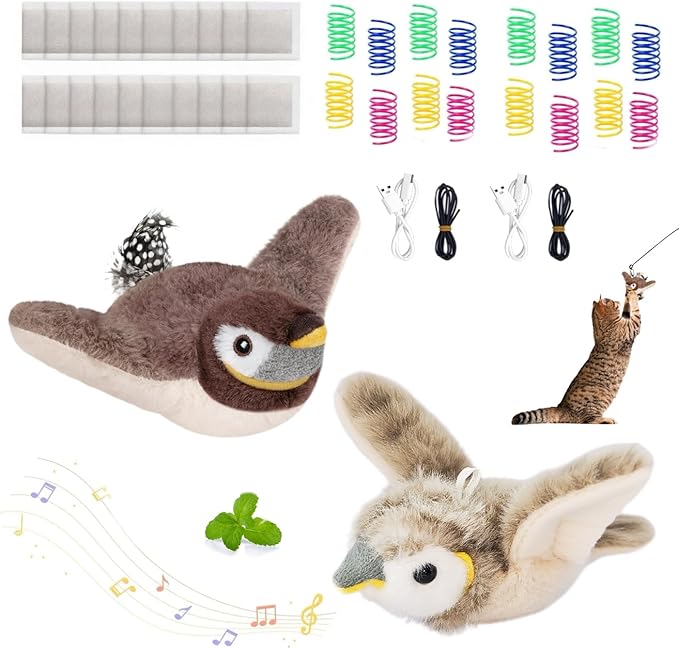 2 PCS Cat Toys, Flapping Bird Cat Toy(No Flying), Interactive Catnip Toy with Catnip Bags, Chirping Noise Moving Wings Dog Cat Kitten Toys, Flappy Flying Pets Toy for Indoor(Brown&Gray Sparrow)-PawvioPets