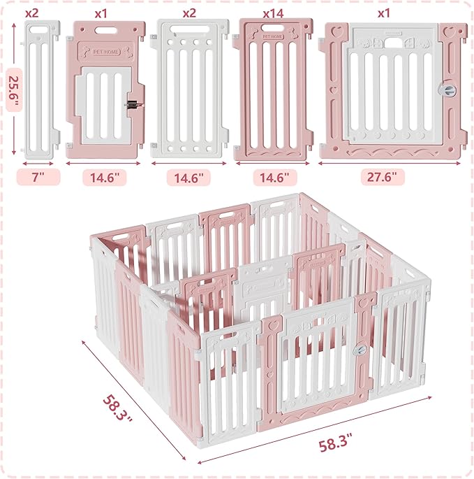 2 Room Dog Playpen with Door,DIY Shape Combination Puppy Pen,16-Panel+2 Link Piece+Large Door+Small Door,25.5" H Dog Fence,Non-Slip&Secure Pet Gate,Easy to Assemble,Pink + White-PawvioPets
