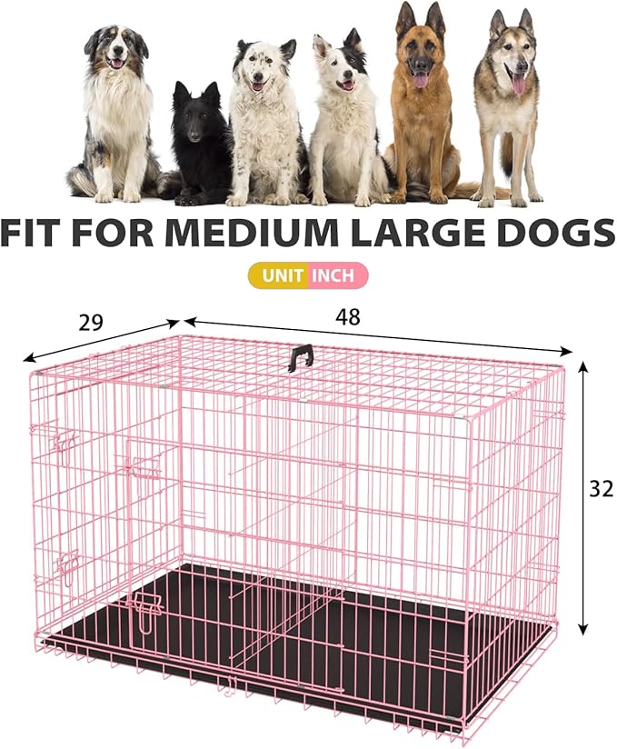 BestPet | Dog Crate | 48" | Pink | Foldable Metal Kennel with Double Doors, Secure Slide-Bolt Latches, Leakproof Tray | Portable Dog Cage for Large Breeds | for Travel, Indoor & Outdoor Use-PawvioPets