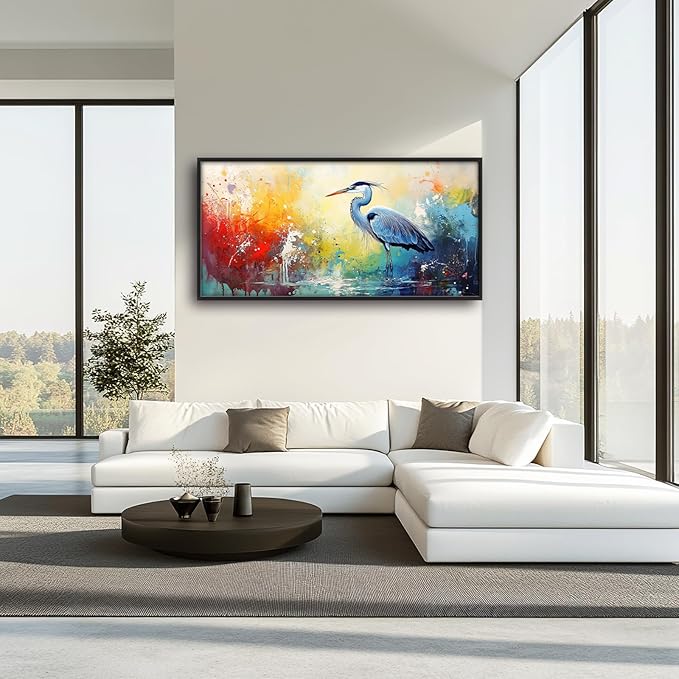 Extra Large Framed Abstract Heron Wall Art,Oversized Colorful Graffiti Heron Wall Decor Pictures for Living Room,Canvas Print Painting Modern Artwork Bedroom Office Bathroom Home Decor 60L x 30W-PawvioPets