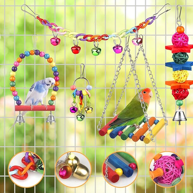 Bird Toys for Conures with Colorful Ladder Hammock Bird Cage Accerious Bird Perch Stand Chewing Toys Hanging Bell for Parrot Parakeet Cockatiel Lovebirds-PawvioPets