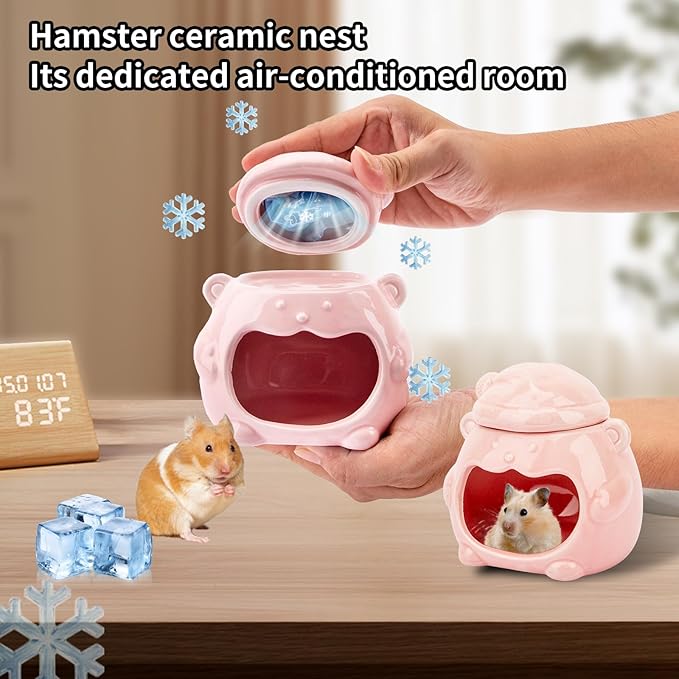 3-in-1 Bear Shaped Ceramic Hamster House - Cool House for Syrian Dwarf Hamsters, Mice, Gerbils， Small Pets, Top for Hamster Food, Removable Lid for Ice Packs, Cute Cool Hideout for Summer（Pink）-PawvioPets
