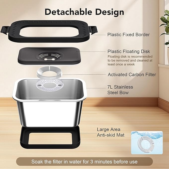 Decflow 7L Stainless Steel Dog Water Bowl, No Spill Anti-Splash Dog Bowls with Anti-Skid Mat, Spill-Proof Slow Feeder for Messy Drinkers, Heavy Duty Pet Bowls for Indoor/Outdoor Use Black-PawvioPets