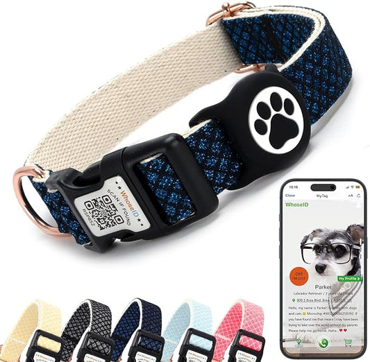 Dog Collar with Waterproof AirTag Holder & Anti-Lost QR Code, Cute Bling Warpping Adjustable Width for Small Medium Large Pet (Blue, M)-PawvioPets