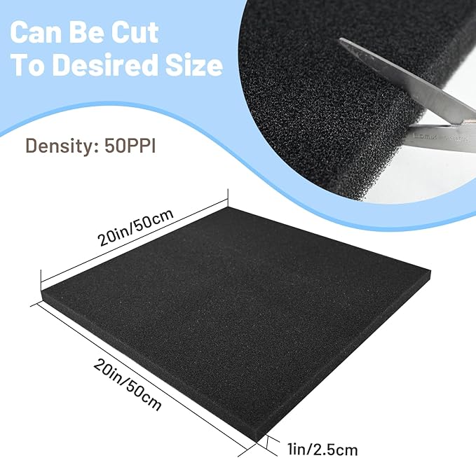Aquarium Sponge Filter – Cut-to-Fit Filter Foam for Most Fish Tanks, Efficiently Traps Debris & Particles, Easy to Clean Prefilter Sponge for Aquarium, Dye-Free, 20x20x1 Inch, (50PPI)-PawvioPets
