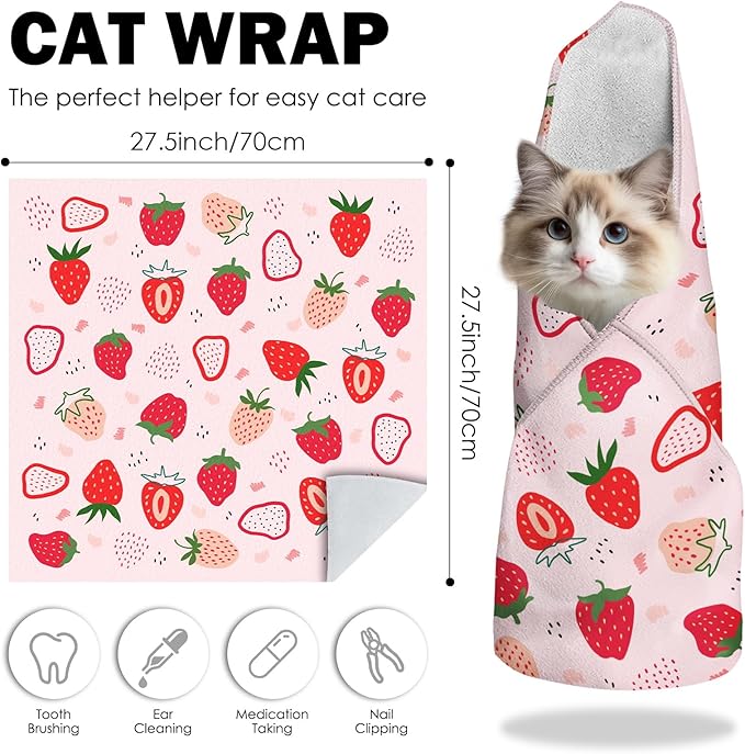 27.6" Cat Grooming Wrap, Self Adhesive Cat Wrap for Cutting Nails, Anti-Escape Calming Cat Swaddle Wrap for Medicine Ear Cleaning, Strawberry Anti-Scratch Cats Burrito Restraint Blanket, Pet Tool-PawvioPets