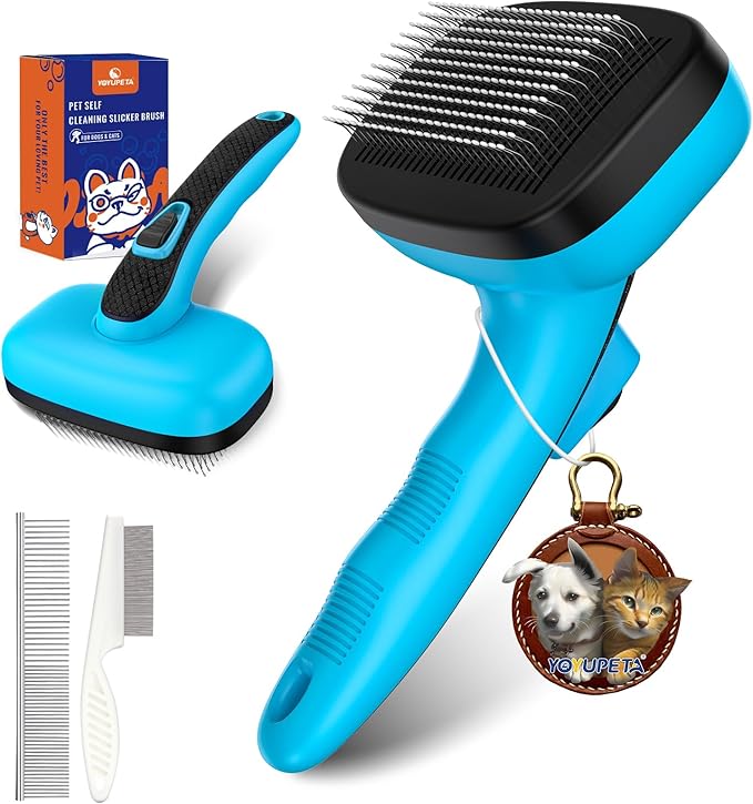 3 PCS Dog Grooming Brush Kit – Self Cleaning Slicker Brush for Shedding Short & Long Haired Dogs & Cats. Removes Loose Fur, Undercoat, Mats, Tangles for Small, Medium & Large Pets. Blue-PawvioPets