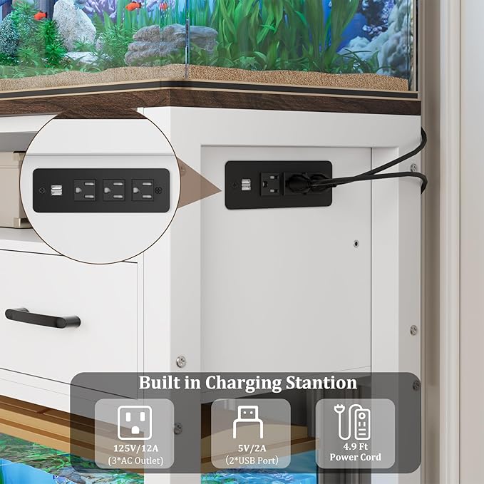 20-29 Gallon Aquarium Stand with Stable Metal Frame & Power Outlet, Heavy-Duty Fish Tank Stand with Waterproof Mat, 550LBS Capacity Storage Cabinet, White+Brown-PawvioPets