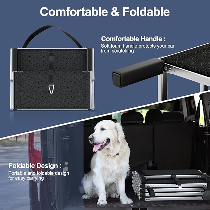 Dog Stairs for Car, Foldable Dog Ramp for Car with Non-Slip Surface, Portable Stairs Aluminum SUV, High Beds, Truck, Supports up to 150 lbs, 4 Steps-PawvioPets