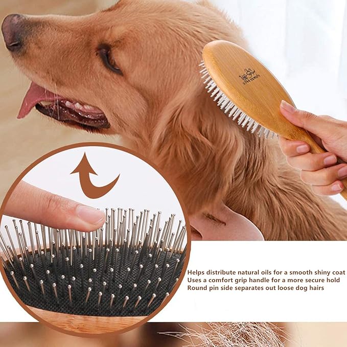ClumsyPets Dog & Cat Ball Pin Slicker Grooming Brush with Bamboo Handle for Pets Massage Bath and Removes Mats Loose Fur Hairs-PawvioPets