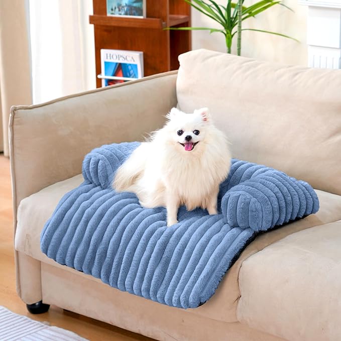 FUNNY FUZZY Pet Couch Cover for Sofa, Calming Dog Bed for Couch, Fluffy Plush Cat Bed Mat for Furniture Protector for Small Dogs and Kitten, 27×24 in, Blue-PawvioPets