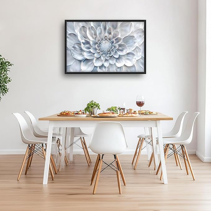 Abstract Flower Large Wall Art White Silver Floral Pictures Wall Decor Neutral Canvas Print Painting Artwork for Bathroom Living Room Bedroom 36L" x 24W"-PawvioPets