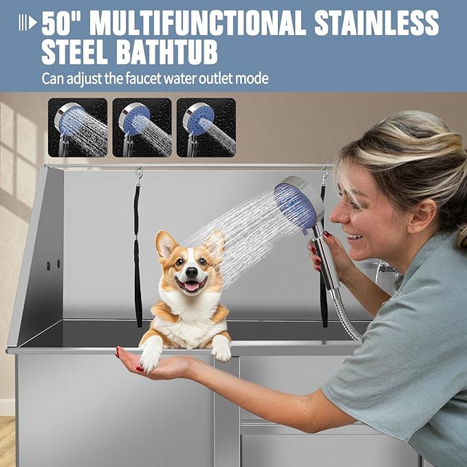 50 Inch Electric Dog Bathing Station For Large Dogs, Height Adjustable Stainless Steel Dog Pet Washing Station, Professional Dog Grooming Tub With Electric Lift, Pet Wash Bath Station (50" Right door)-PawvioPets