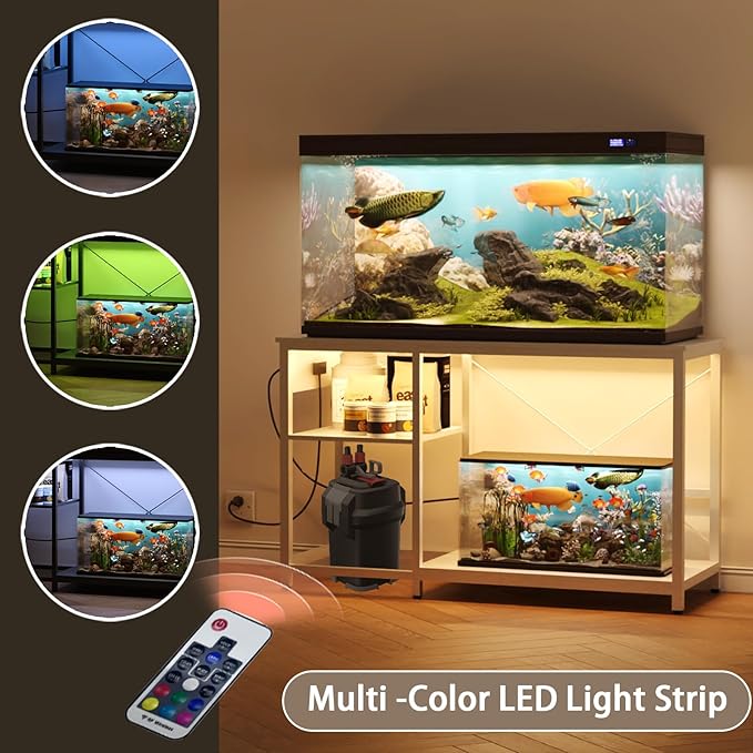 50-75 Gallon Fish Tank Stand with Power Outlet & LED Light, Metal Aquarium Stand with 3 Tier Adjustable Storage Shelves, Tank Stand for Reptile Tank, Turtle Tank, 52" L*19.5" W, White-PawvioPets