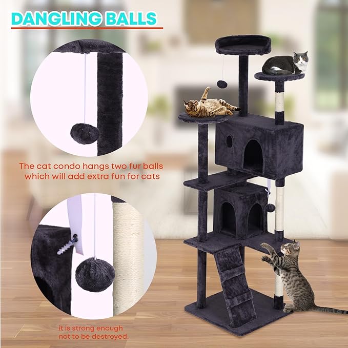 FDW Cat Tree 70in Cat Tower Multi-Level Durable Cat Scratching Post & Cozy Fun Cat Jumping Platform Space Saving Cat Condo Pet Play House for Indoor Cats,Ashy-PawvioPets