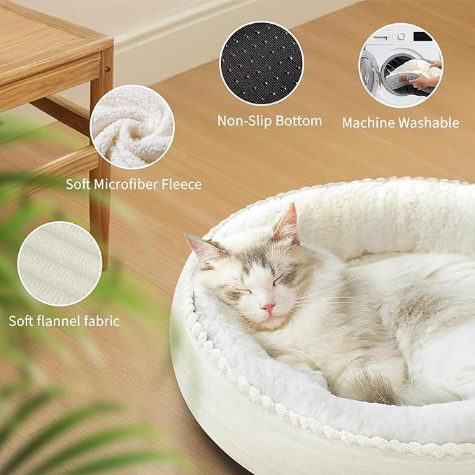20in Cream Round Cat Dog Bed Gift for Large Medium Small Dogs Cats, Machine Washable Sleeping Sofa, Non-Slip Bottom Breathable Soft Calming Pet Cuddler for Indoor/Outdoor/Car/Cage-PawvioPets