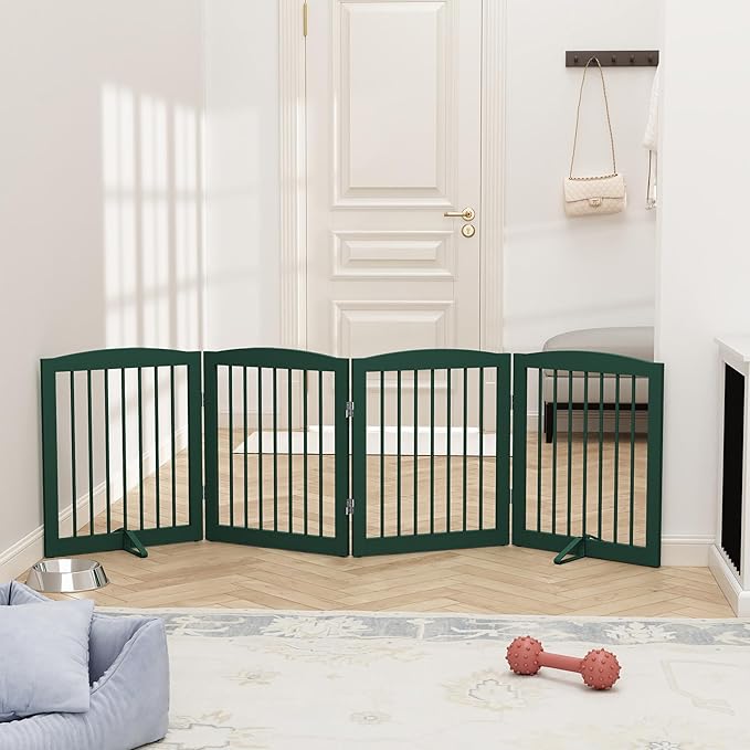 Freestanding Pet Gate for Dogs, Foldable Wooden Dog Gate for House, Indoor Dog Gate for Stairs, Doorways, Step Over Pet Puppy Safety Fence, 80 Inch Wide, 4 Panels 24", Green-PawvioPets