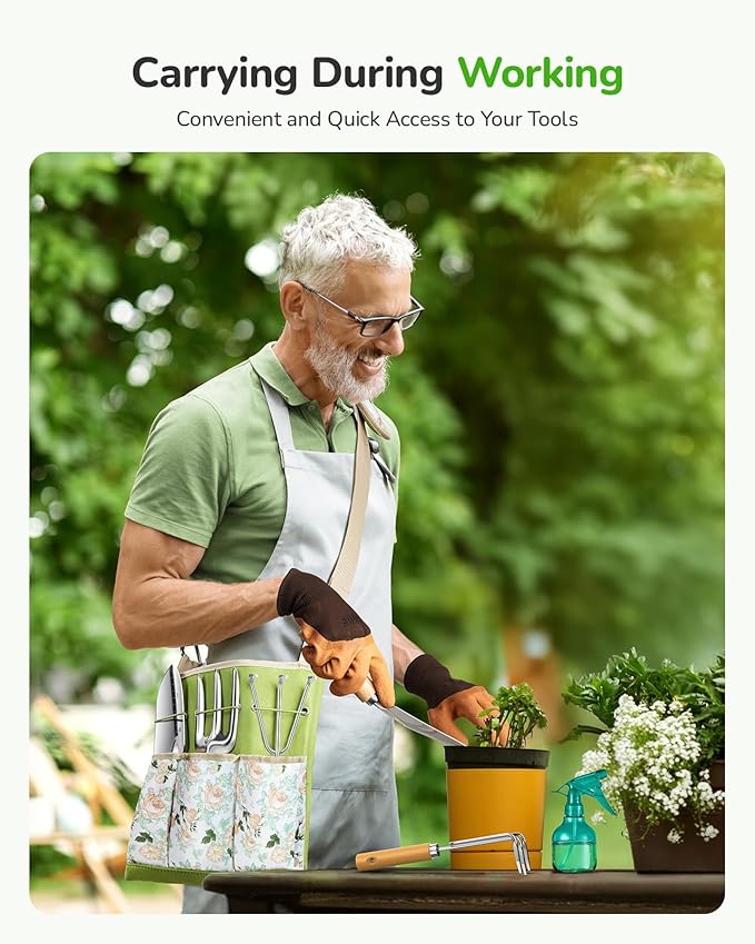 All-in-One Garden Tool Set, 11-Piece Heavy Duty Gardening Tools with Ergonomic Canvas Shoulder Crossbody Bag, Rust-Proof Premium Garden Tool Kit, Gardening Gift for Women Men, Green, GR003-PawvioPets