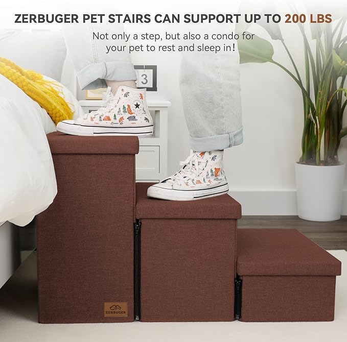 Dog Stairs with Storage 18" H, 3-Step Wider Dog Steps for Small/Medium/Large Old Dogs Cats, Folding Sturdy Pet Stairs Climbing Bed Couch, Ramp for Car Hold Up to 200 lbs (Brown, No Condo)-PawvioPets