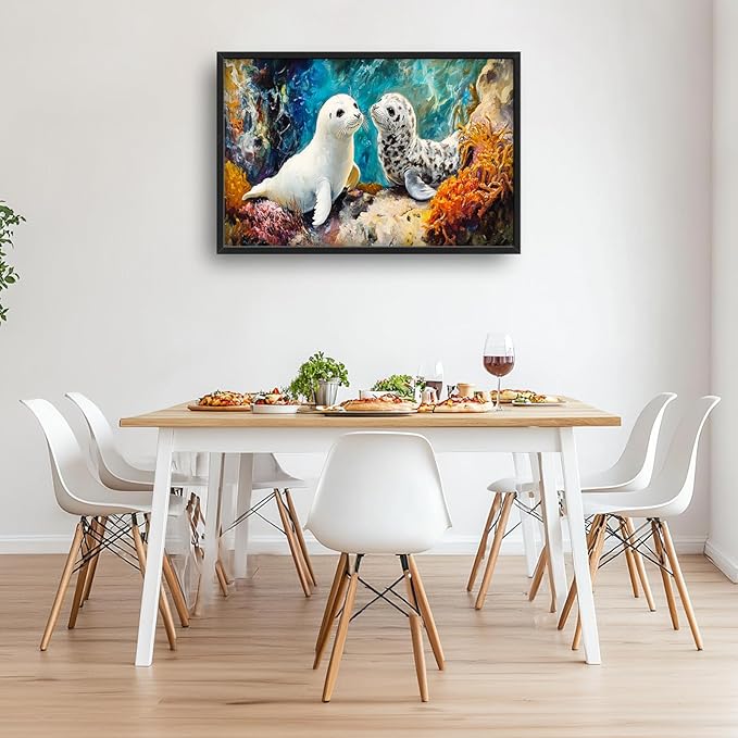 Extra Large Seal Framed Wall Art for Living Room,Oversized Underwater Animal Pictures Wall Decor,Ocean Coral Reef Canvas Print Painting Modern Artwork Bedroom Office Bathroom 36L" x 24W"-PawvioPets