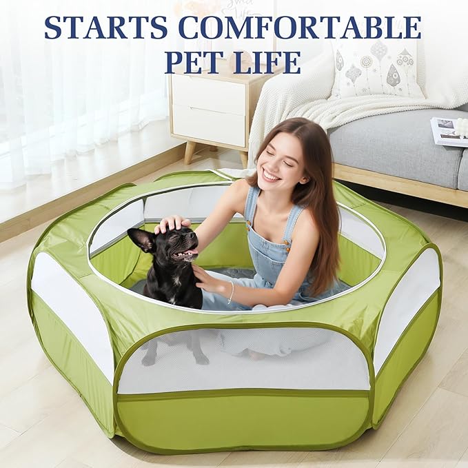 2-in-1 Small Animals Playpen with Pad, Waterproof Small Pet Cage Tent with Reusable Pad, Portable Outdoor Yard Fence with 3 Metal Rod for Chick/Kitten/Puppy/Guinea Pig/Rabbits/Chinchillas, Green-PawvioPets